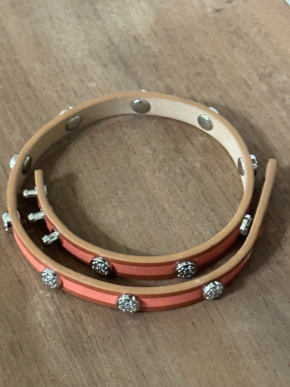 Rustic Cuff Coral and Tan Double-Wrap Studded Bracelet